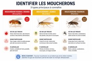 Infographie d’identification des moucherons : drosophiles, sciarides et phorides avec leurs signes distinctifs et zones de présence.