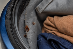 Punaises de lit dans une valise avec des vêtements.