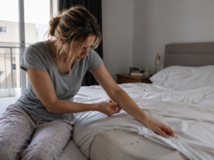 Femme regardant sous les draps pour vérifier s'il y a des punaises de lit.